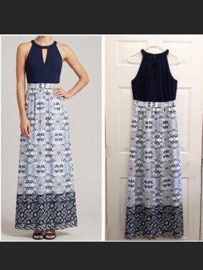 Vince Camuto Floral Maxi Dress Size 6 Blue Keyhole Halter Boho Cottagecore